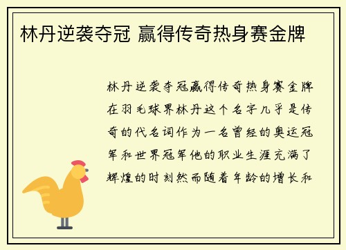 林丹逆袭夺冠 赢得传奇热身赛金牌